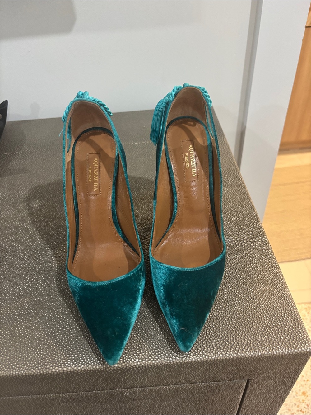 Aquazzura Teal Velvet Pointed Pumps with Ankle Tie Detail